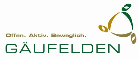 Gäufelden logo with green text and abstract human figure in motion design above it