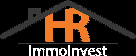 HR ImmoInvest Logo featuring orange HR letters inside a dark gray house roof shape with white company name text below